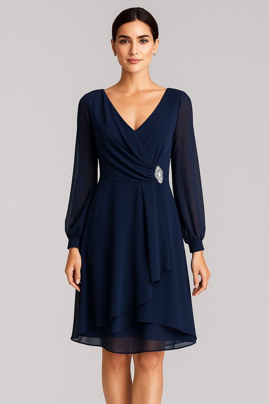 Marina Women’s Chiffon Navy Faux Wrap Dress with Jeweled Broach Size 4 EUC